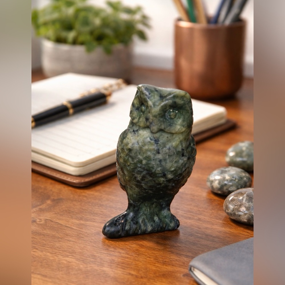 Natural Jade Stone Owl Figurine Nature Gift Palm Worry Stone Display